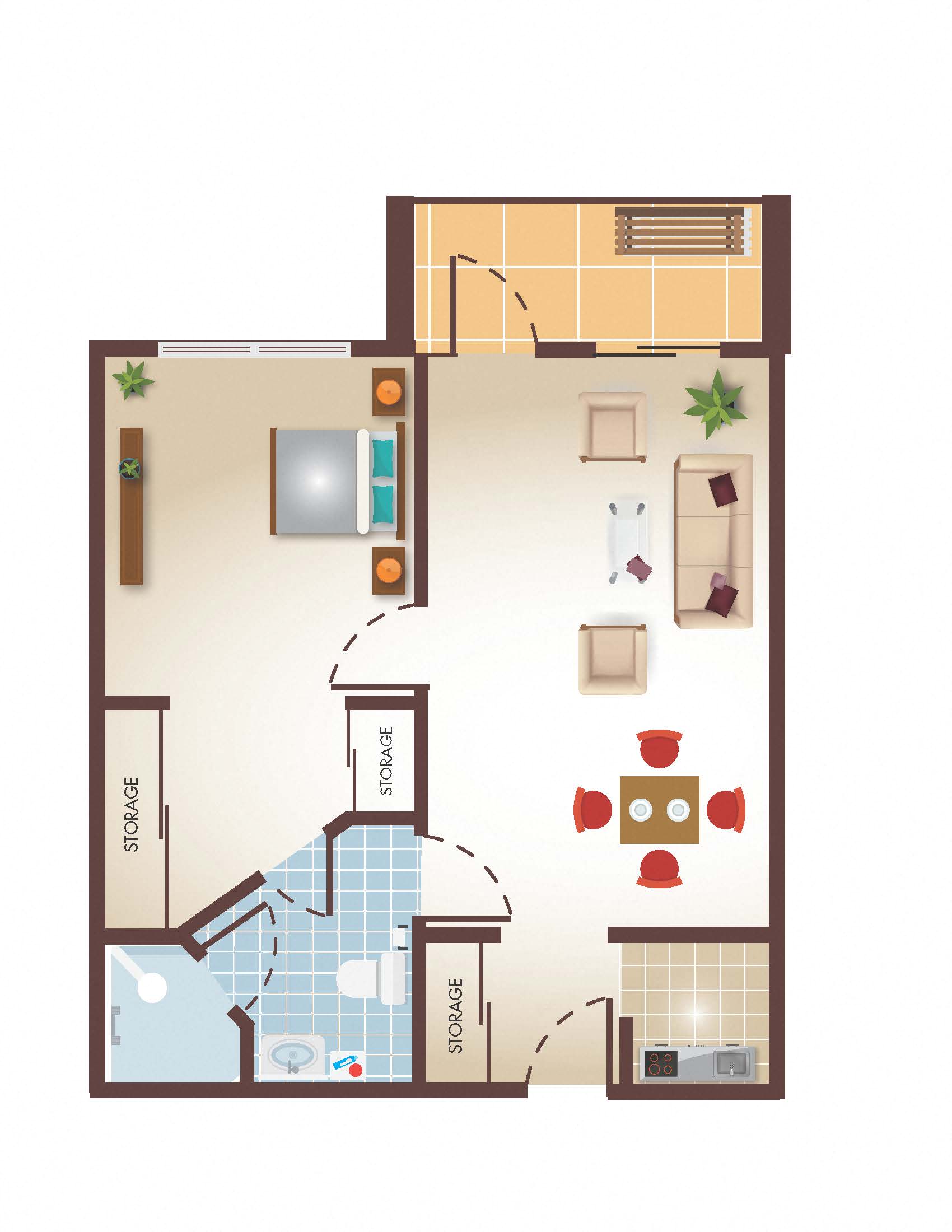 Floor plan for 1 bed, 1 bath, 650 sqft